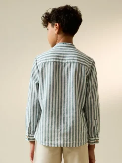 Sale Next Green/Ecru Stripe Grandad Collar Linen Mix Long Sleeve Shirt (3-16yrs)