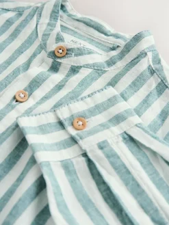Sale Next Green/Ecru Stripe Grandad Collar Linen Mix Long Sleeve Shirt (3-16yrs)