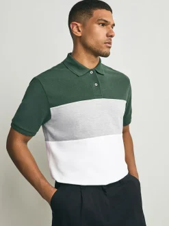 Clearance Next 100% Cotton Short Sleeve Button Up Block Polo Shirt Green/Grey