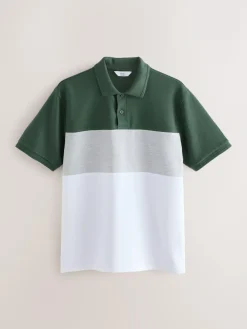 Clearance Next 100% Cotton Short Sleeve Button Up Block Polo Shirt Green/Grey