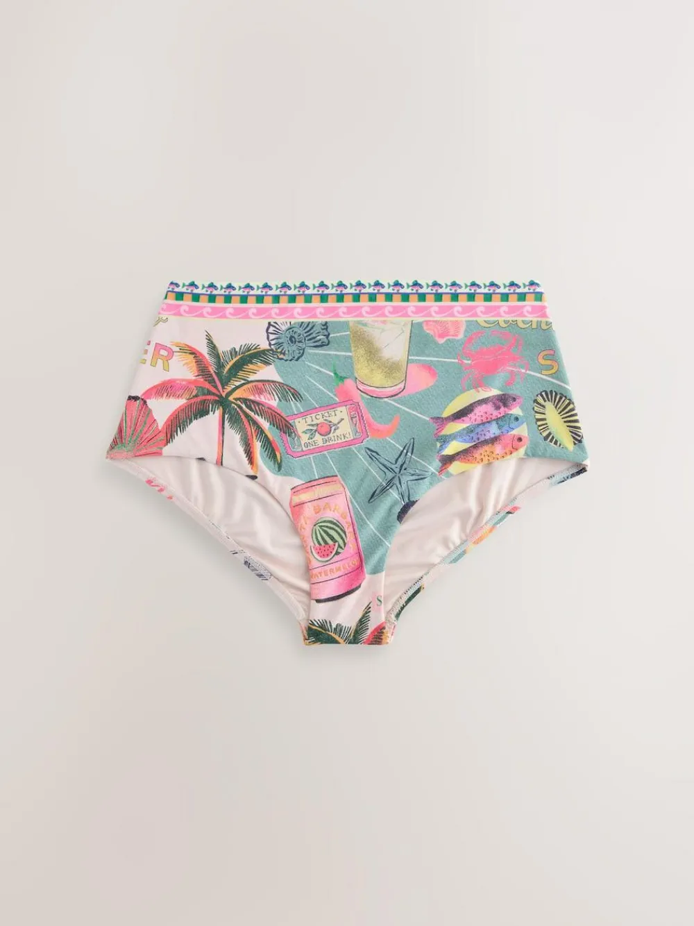 Hot Next Green/Pink Lobster Conversational High Waist Print Bikini Bottoms