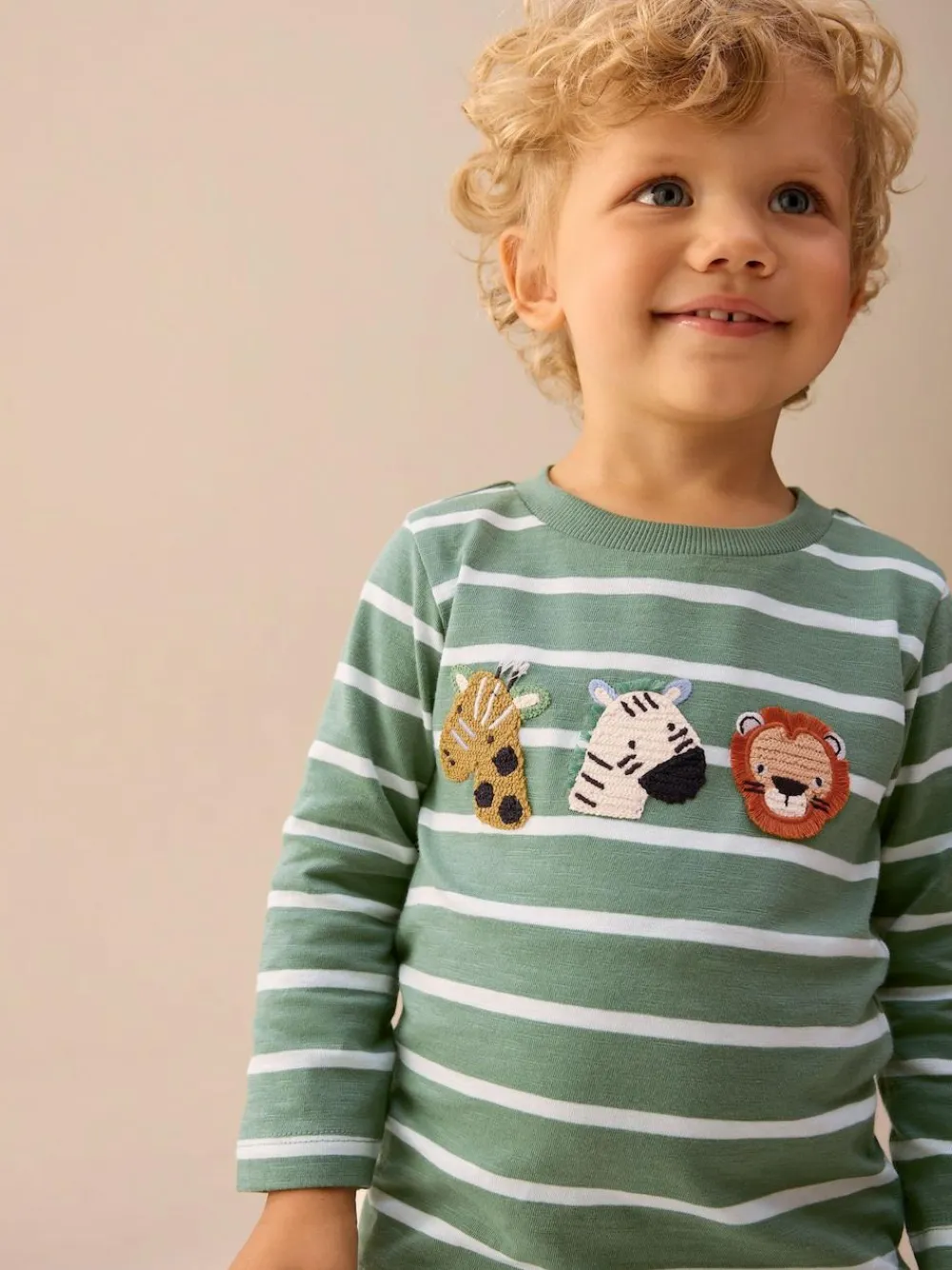 Next Green/White Stripe Safari Long Sleeve Appliqué T-Shirt (3mths-7yrs)^BOY Tops|T-Shirts