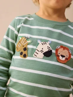Next Green/White Stripe Safari Long Sleeve Appliqué T-Shirt (3mths-7yrs)^BOY Tops|T-Shirts
