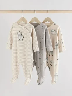 Online Next Grey 3 Pack Zebra 100% Cotton Baby Sleepsuits (0-2yrs)