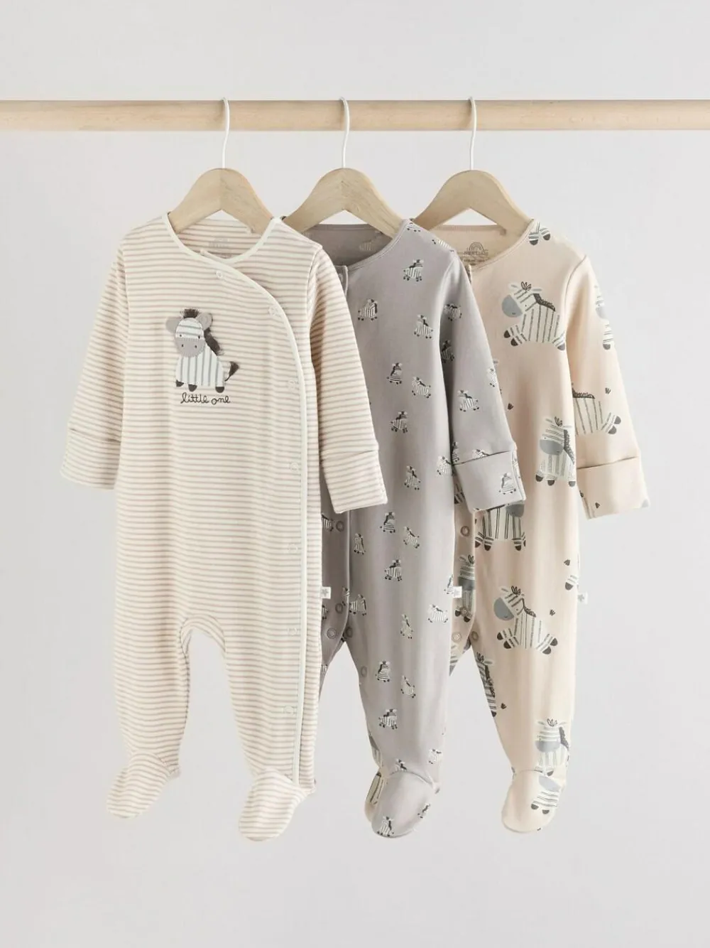 Online Next Grey 3 Pack Zebra 100% Cotton Baby Sleepsuits (0-2yrs)