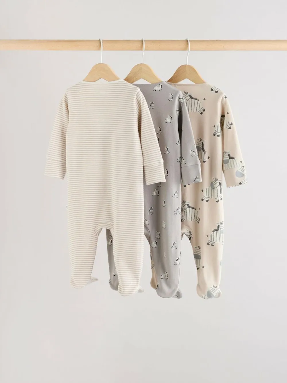 Online Next Grey 3 Pack Zebra 100% Cotton Baby Sleepsuits (0-2yrs)