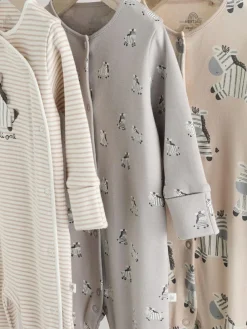 Online Next Grey 3 Pack Zebra 100% Cotton Baby Sleepsuits (0-2yrs)