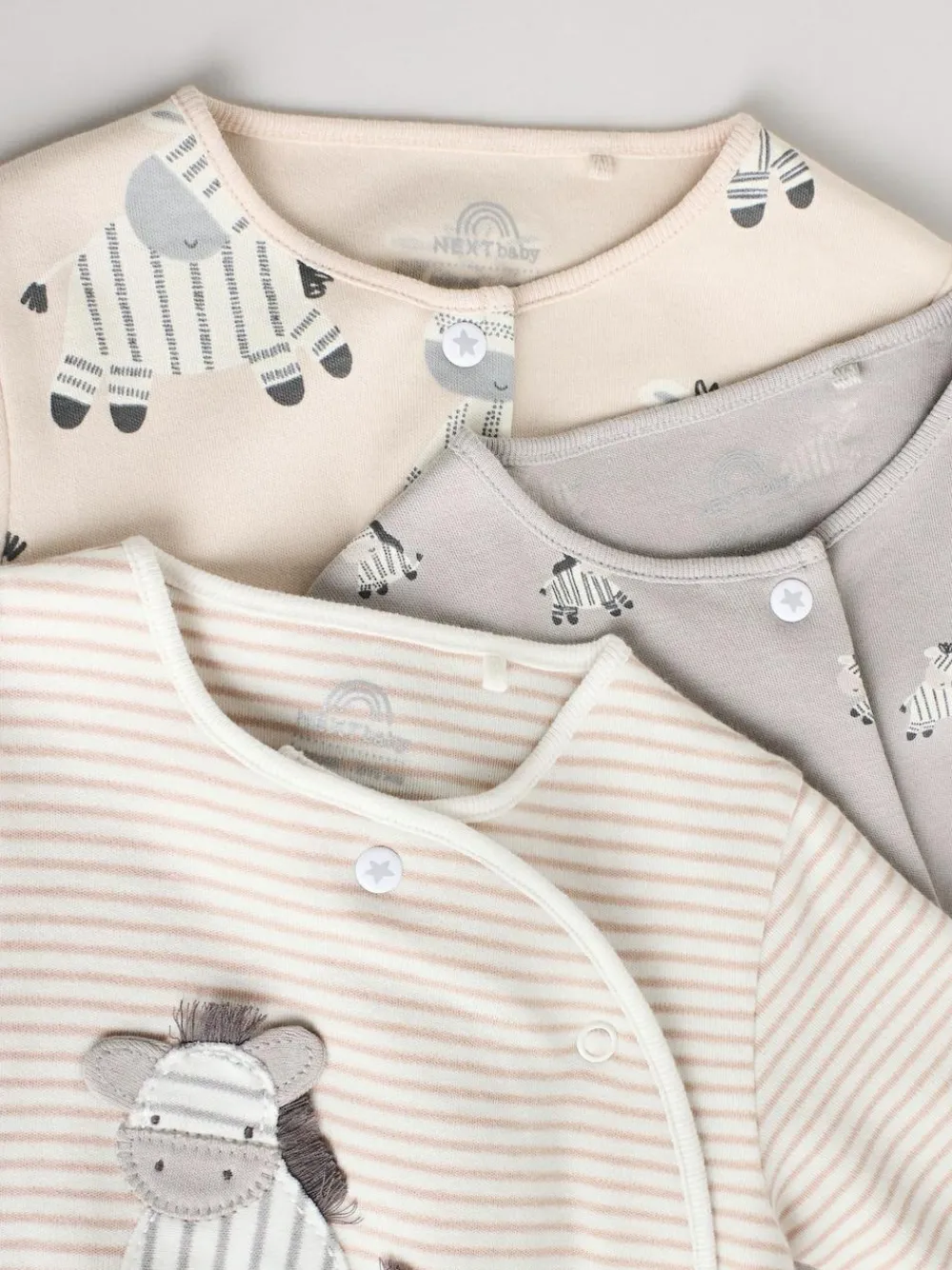 Online Next Grey 3 Pack Zebra 100% Cotton Baby Sleepsuits (0-2yrs)