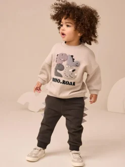 Next Grey and Charcoal Dinosaur Spike Single Sweatshirt and Joggers Set (3mths-7yrs)^BOY Sweatshirts & Hoodies|Sets & Co-Ords