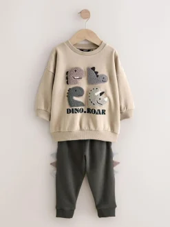 Next Grey and Charcoal Dinosaur Spike Single Sweatshirt and Joggers Set (3mths-7yrs)^BOY Sweatshirts & Hoodies|Sets & Co-Ords