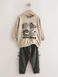 Next Grey and Charcoal Dinosaur Spike Single Sweatshirt and Joggers Set (3mths-7yrs)^BOY Sweatshirts & Hoodies|Sets & Co-Ords