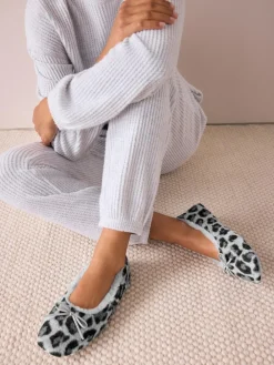 New Next Ballerina Flat Slippers Grey Animal Print