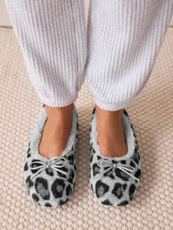 New Next Ballerina Flat Slippers Grey Animal Print