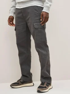 Next Grey Charcoal Straight Fit Cotton Stretch Cargo Trousers^ Pants & Chinos