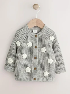 Next Baby Knitted Cardigan (0mths-3yrs) Grey Crochet Flowers