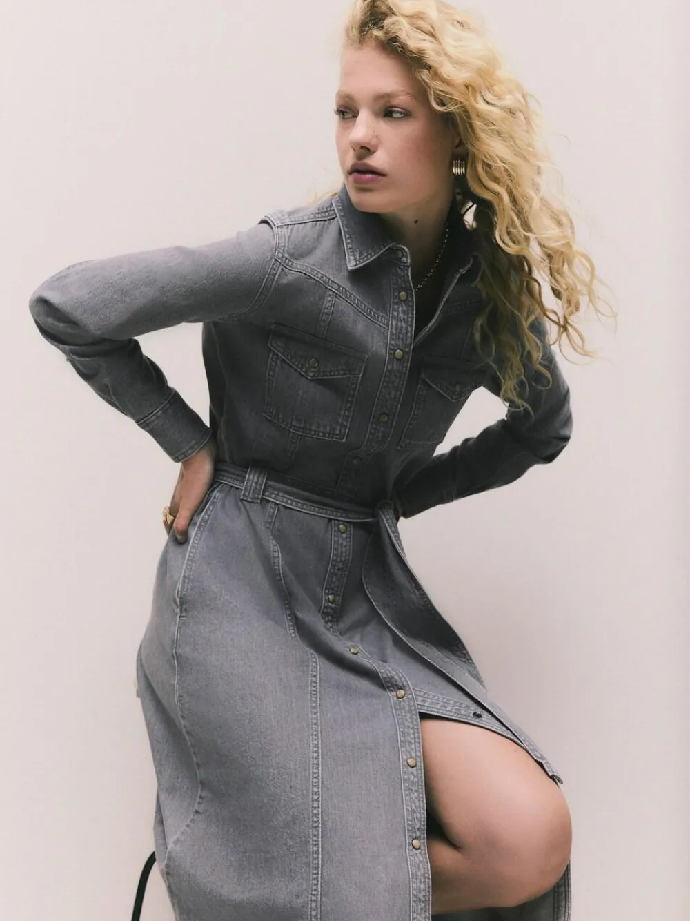 Next Denim Midi Shirt Dress Grey