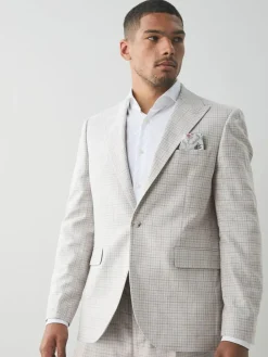 Next Grey Linen Blend Check Tailored Suit Jacket^ Grey Suits