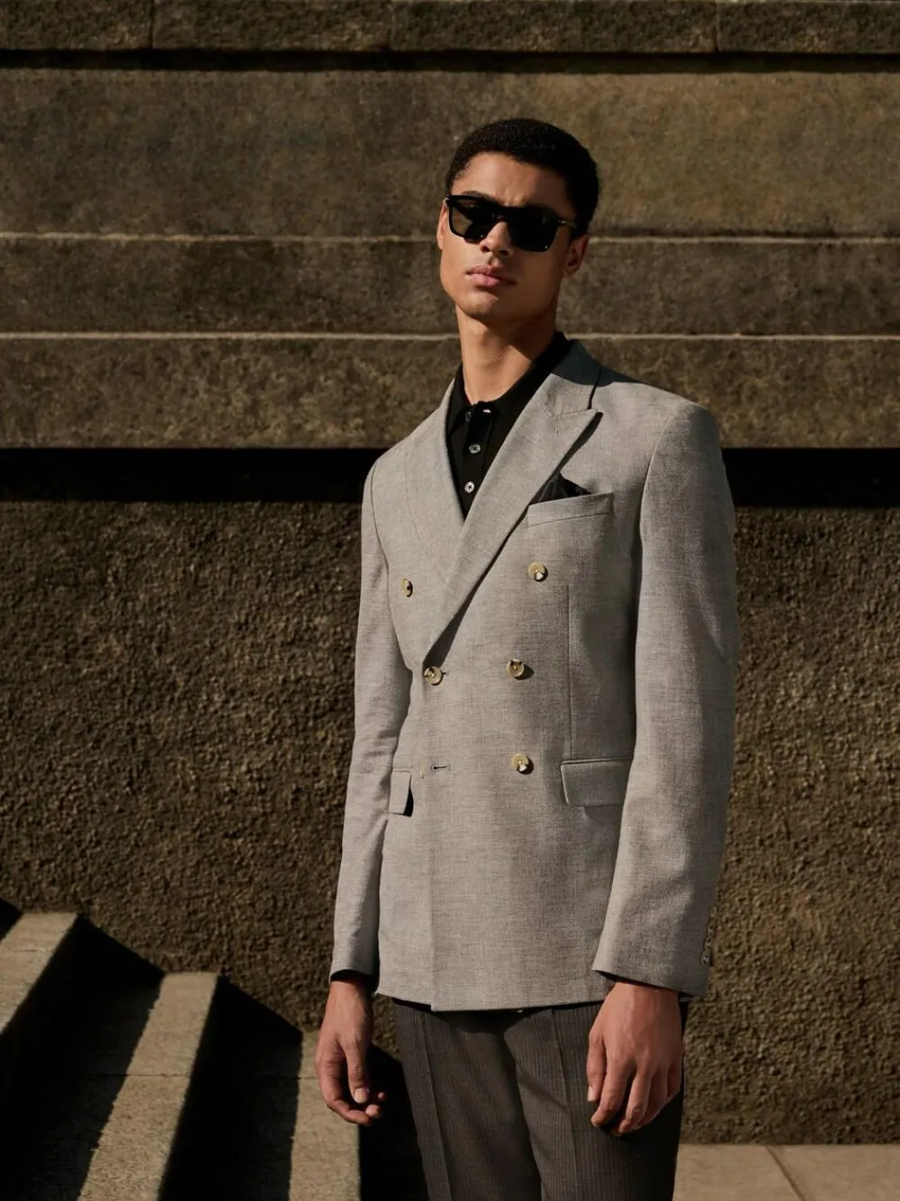 Next Grey Linen Blend Texture Double Breasted Suit Jacket^ Grey Suits