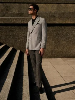 Next Grey Linen Blend Texture Double Breasted Suit Jacket^ Grey Suits