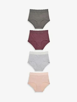 Next Grey Marl/Pink/Plum Full Brief Cotton Lace Knickers 4 Pack^Women Panties