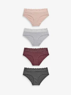 Clearance Next Grey Marl/Pink/Plum Short Cotton Lace Knickers 4 Pack