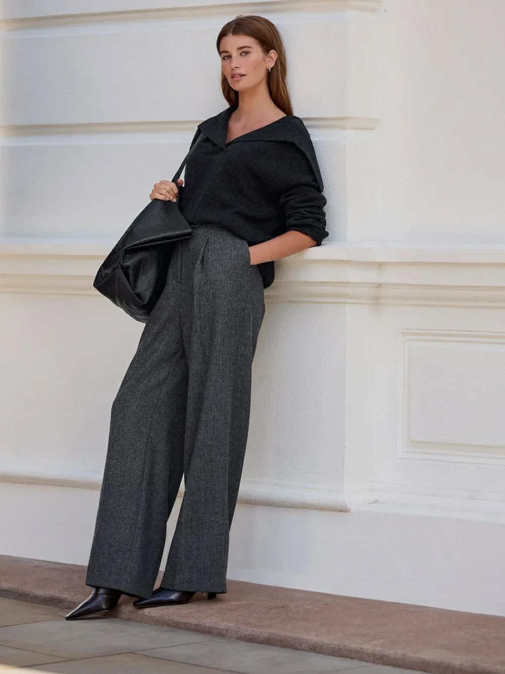 Best Next Grey N. Premium Wide Leg Pleated Trousers With Wool