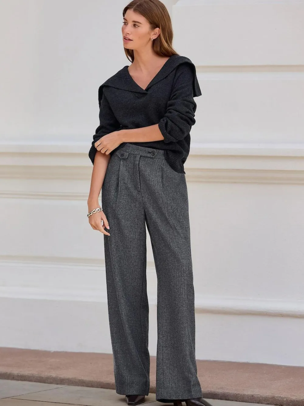 Best Next Grey N. Premium Wide Leg Pleated Trousers With Wool