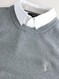 New Next Regular Fit Textured Oxford Mock Shirt Jumper Grey