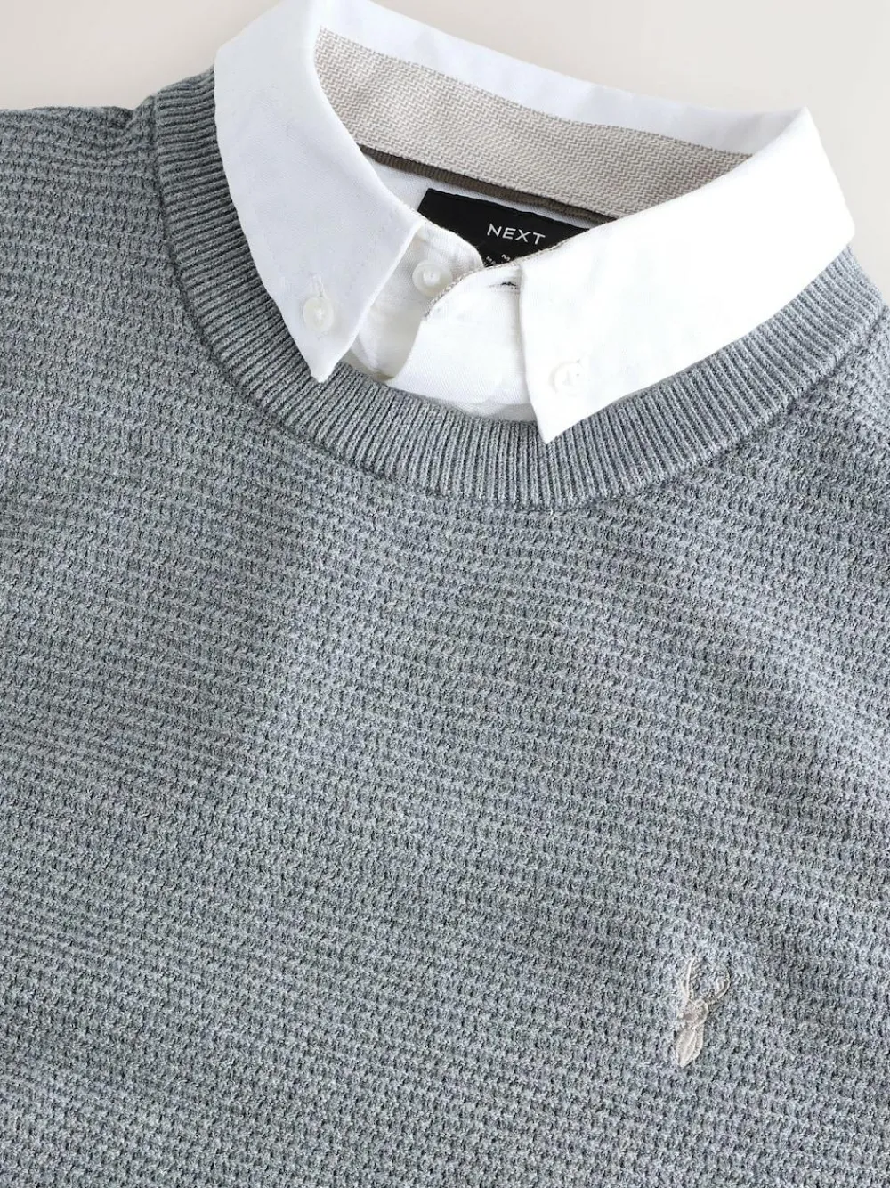New Next Regular Fit Textured Oxford Mock Shirt Jumper Grey