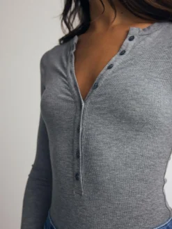 Next Ribbed Long Sleeve Henley Bodysuit Grey