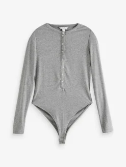 Next Ribbed Long Sleeve Henley Bodysuit Grey