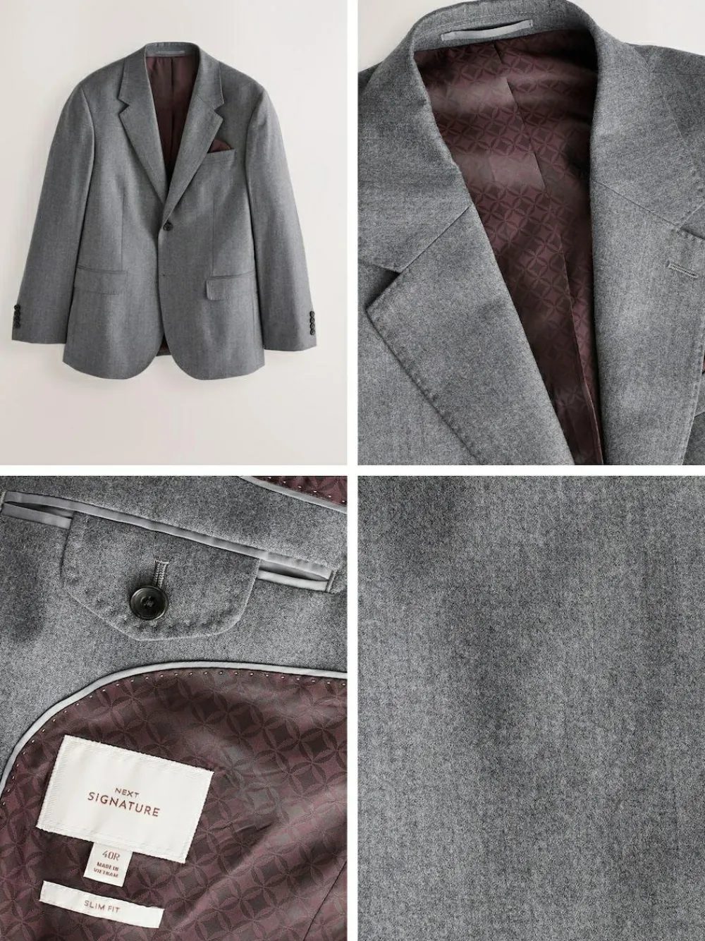 Next Slim Fit Signature Zignone Italian Wool Cashmere Blend Flannel Suit Jacket Grey