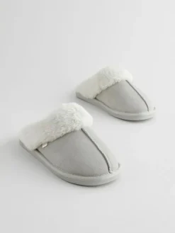 Next Grey Suede Faux Fur Mule Slippers^Women Slippers|All Night & Lounge