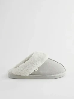 Next Grey Suede Faux Fur Mule Slippers^Women Slippers|All Night & Lounge