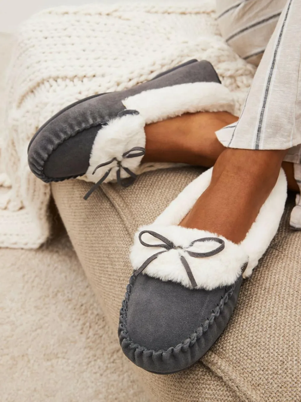 Next Grey Suede Moccasin Slippers^Women Slippers