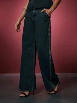 Clearance Next Grey Washed Black Embellished Studded High Rise Palazzo Wide Leg Jeans