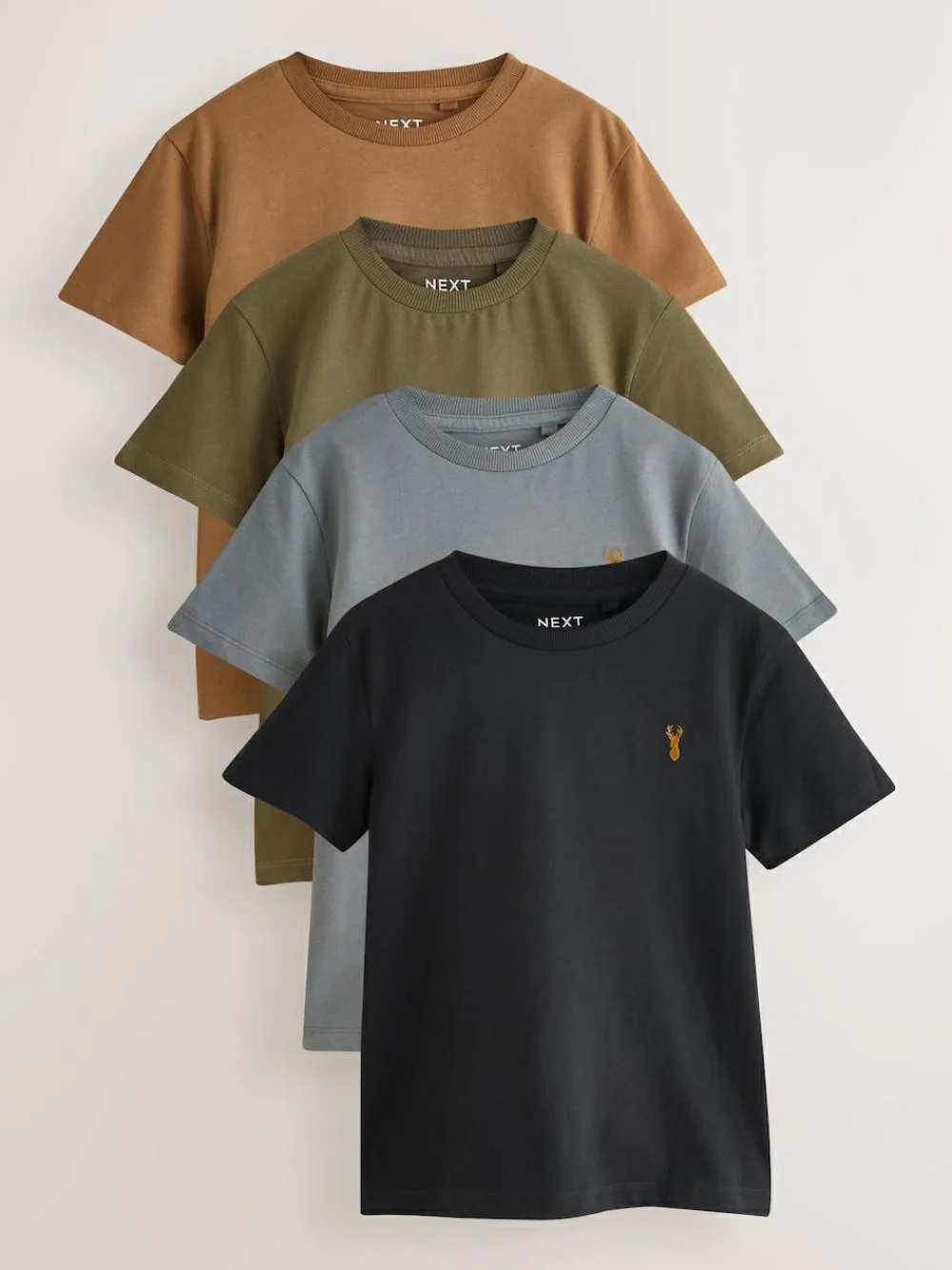 Best Next Grey/Black/Khaki Green/Tan Brown Short Sleeve Stag Embroidered T-Shirts 4 Pack (3-16yrs)