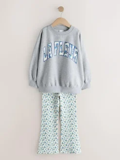 Discount Next Sweatshirt and Flare Leggings Set (3-16yrs) Grey/Blue Floral Slogan
