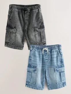 Outlet Next Grey/Mid Blue 100% Cotton Denim Cargo Shorts 2 Pack (3-16yrs)