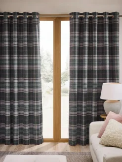 New Next Grey/Pink Brushed Check Super Thermal Eyelet Curtains