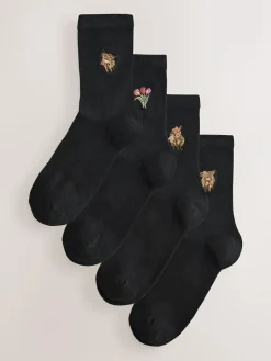 Next Hamish The Highland Cow / Tulips Embroidered Motif Ankle Socks 4 Pack^Women Socks & Tights
