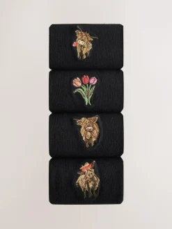 Next Hamish The Highland Cow / Tulips Embroidered Motif Ankle Socks 4 Pack^Women Socks & Tights