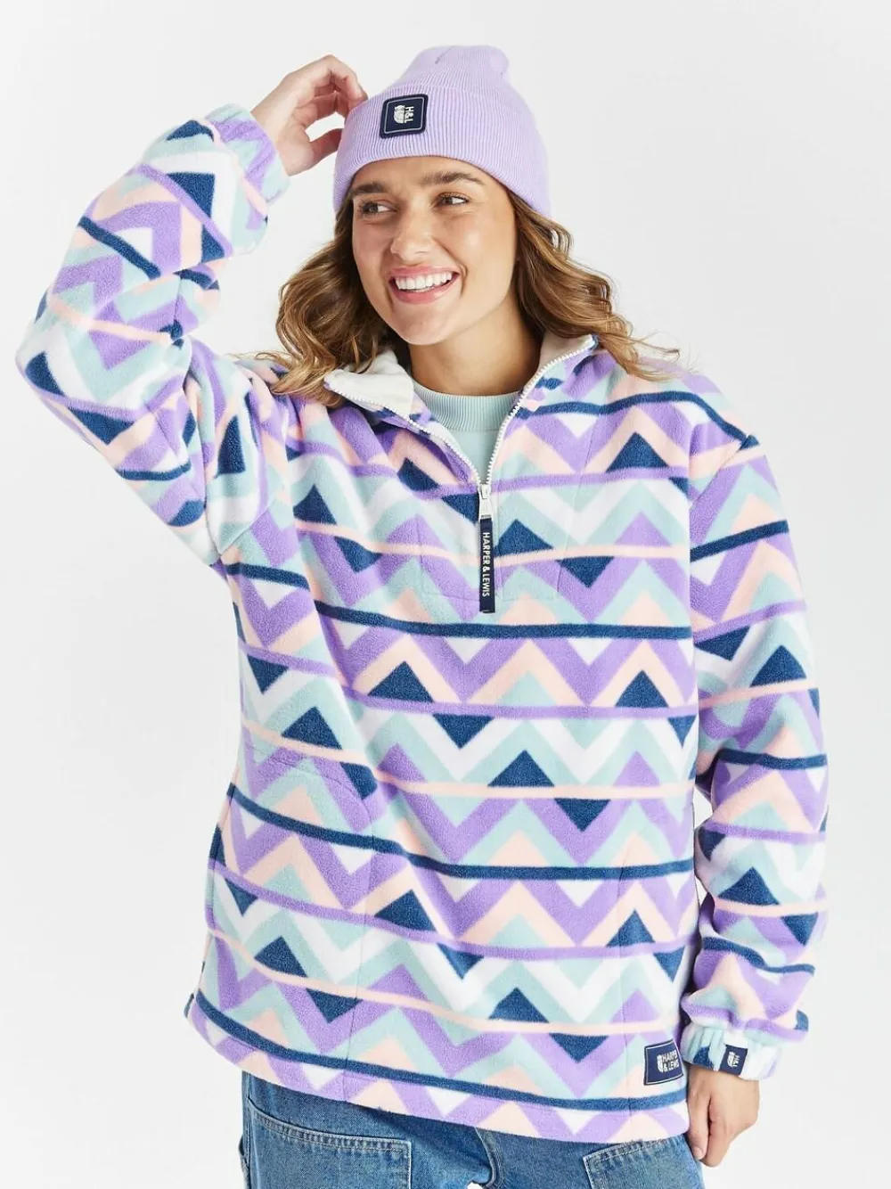 Hot Harper & Lewis Cream & Navy Raver Retro Pattern Quarter Zip Fleece
