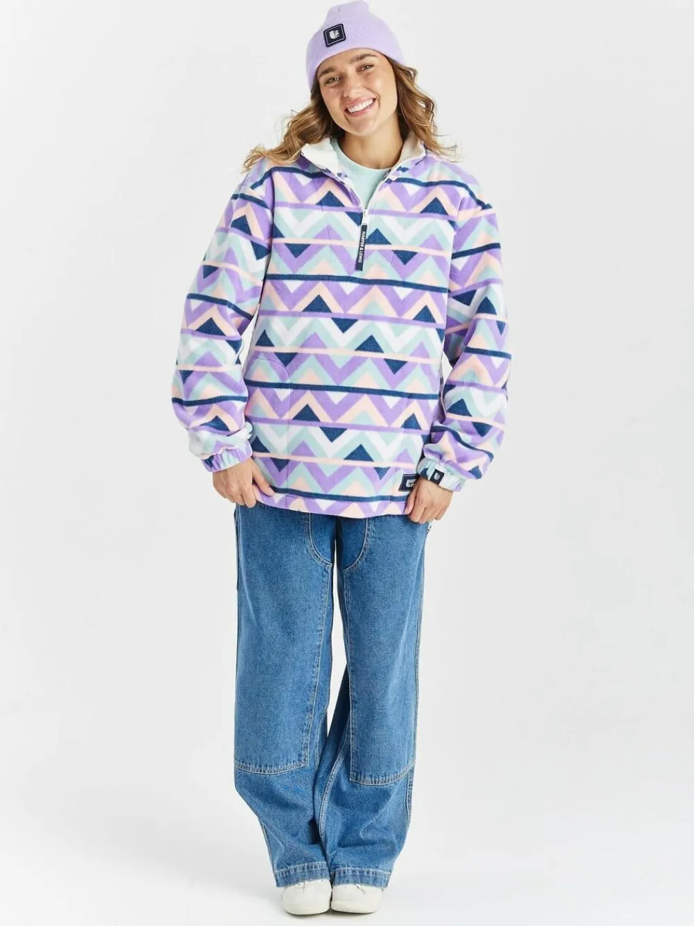 Hot Harper & Lewis Cream & Navy Raver Retro Pattern Quarter Zip Fleece