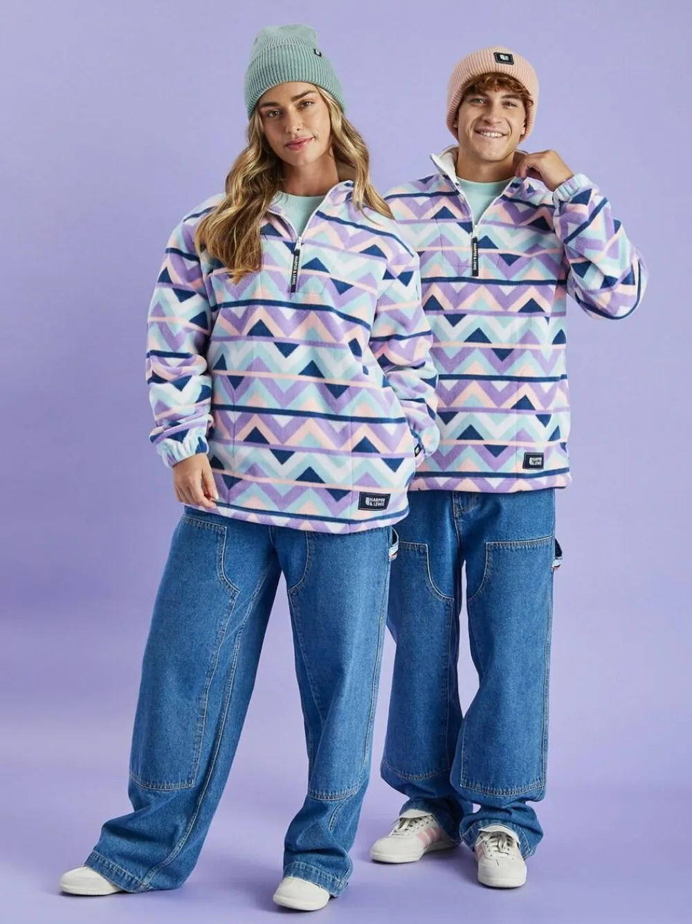 Hot Harper & Lewis Cream & Navy Raver Retro Pattern Quarter Zip Fleece