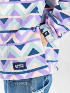 Hot Harper & Lewis Cream & Navy Raver Retro Pattern Quarter Zip Fleece