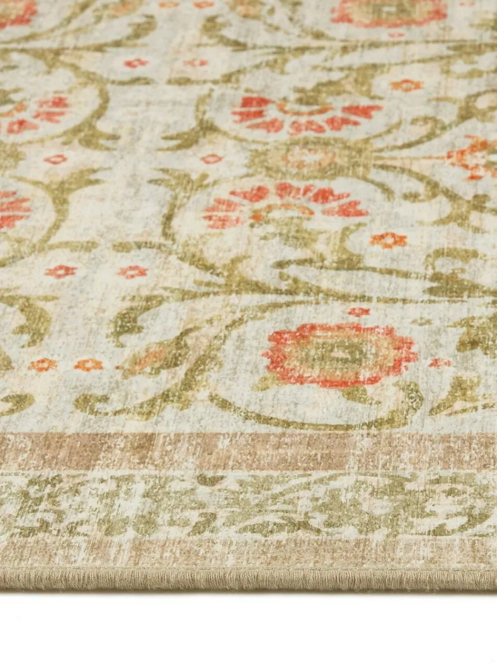 Hot Hug Rug Beige and Green Floral Print British Made Washable Country Paisley Runner