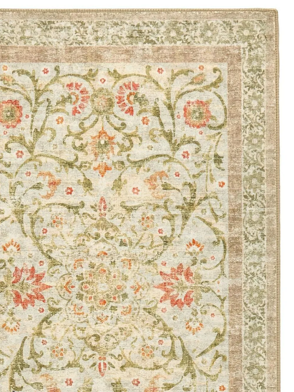Hot Hug Rug Beige and Green Floral Print British Made Washable Country Paisley Runner