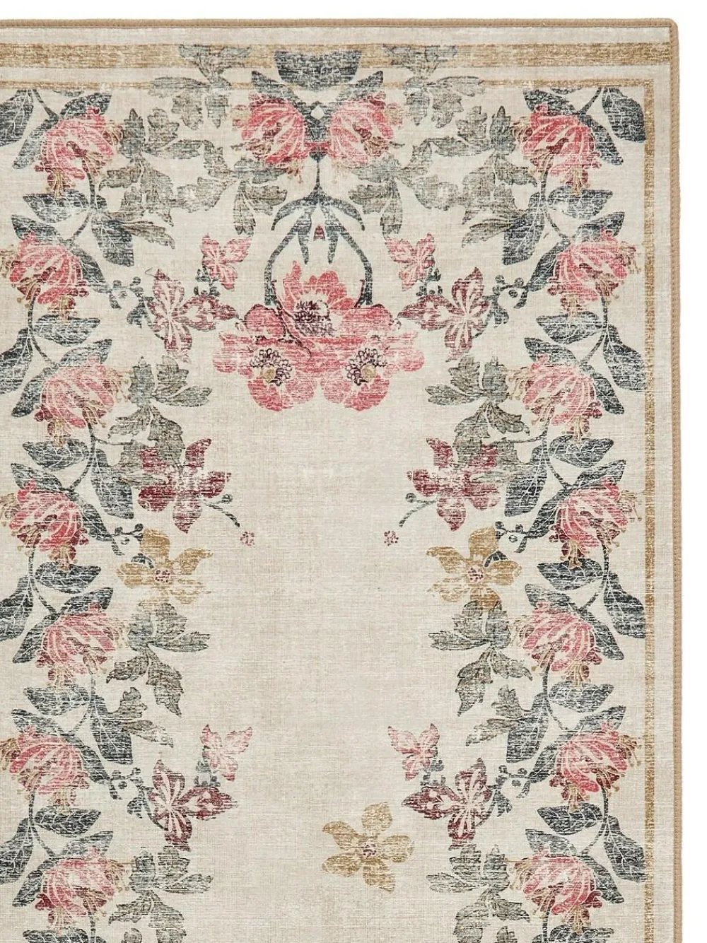 Hug Rug Cream and Floral Print British Made Washable Botantical Border Runner^ Rugs & Runners