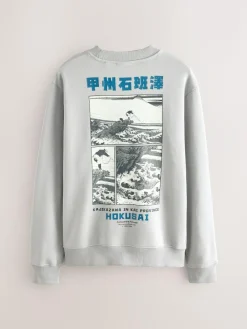 New Next Ice Grey Crew Sweatshirt Hokusai Graphic License